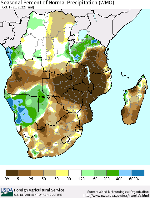 Southern Africa Seasonal Percent of Normal Precipitation (WMO) Thematic Map For 10/1/2022 - 10/20/2022