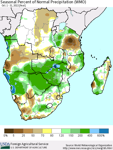 Southern Africa Seasonal Percent of Normal Precipitation (WMO) Thematic Map For 10/1/2022 - 10/31/2022