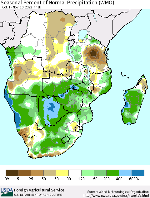Southern Africa Seasonal Percent of Normal Precipitation (WMO) Thematic Map For 10/1/2022 - 11/10/2022