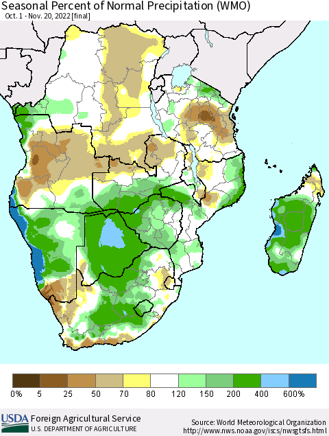 Southern Africa Seasonal Percent of Normal Precipitation (WMO) Thematic Map For 10/1/2022 - 11/20/2022