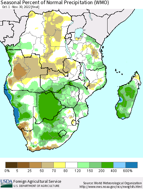 Southern Africa Seasonal Percent of Normal Precipitation (WMO) Thematic Map For 10/1/2022 - 11/30/2022