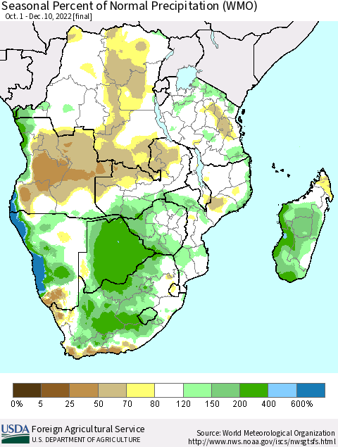 Southern Africa Seasonal Percent of Normal Precipitation (WMO) Thematic Map For 10/1/2022 - 12/10/2022