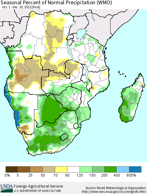 Southern Africa Seasonal Percent of Normal Precipitation (WMO) Thematic Map For 10/1/2022 - 12/20/2022