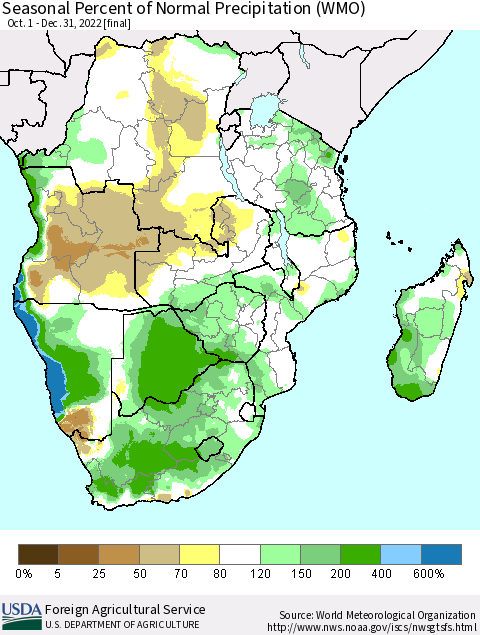 Southern Africa Seasonal Percent of Normal Precipitation (WMO) Thematic Map For 10/1/2022 - 12/31/2022