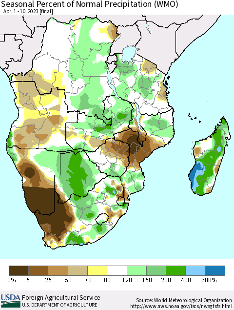 Southern Africa Seasonal Percent of Normal Precipitation (WMO) Thematic Map For 4/1/2023 - 4/10/2023