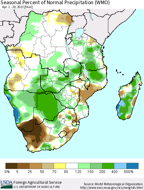 Southern Africa Seasonal Percent of Normal Precipitation (WMO) Thematic Map For 4/1/2023 - 4/20/2023