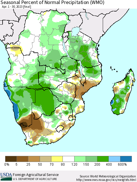 Southern Africa Seasonal Percent of Normal Precipitation (WMO) Thematic Map For 4/1/2023 - 4/30/2023