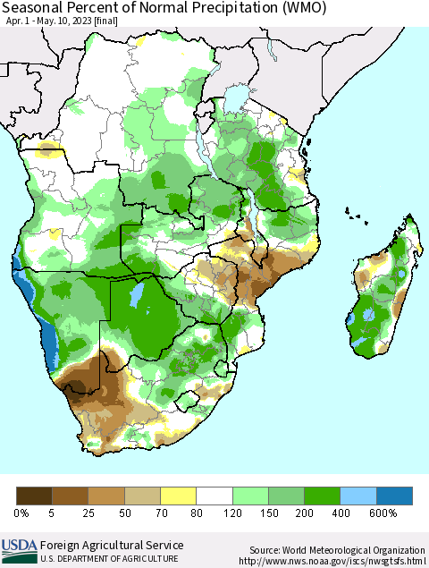 Southern Africa Seasonal Percent of Normal Precipitation (WMO) Thematic Map For 4/1/2023 - 5/10/2023
