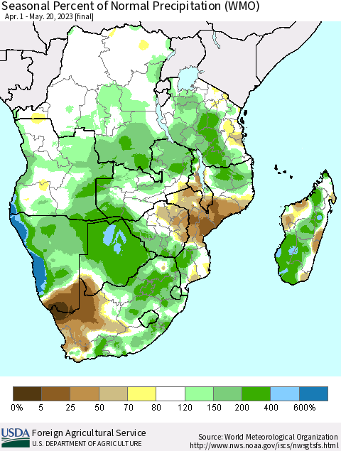 Southern Africa Seasonal Percent of Normal Precipitation (WMO) Thematic Map For 4/1/2023 - 5/20/2023