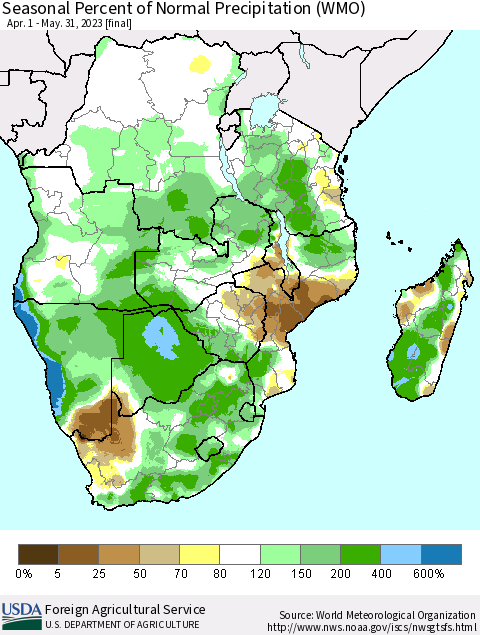 Southern Africa Seasonal Percent of Normal Precipitation (WMO) Thematic Map For 4/1/2023 - 5/31/2023