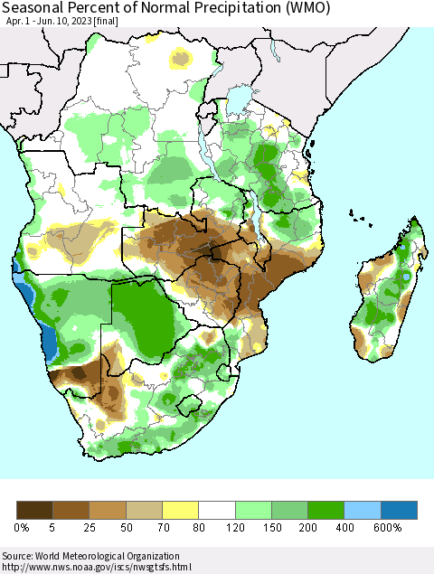 Southern Africa Seasonal Percent of Normal Precipitation (WMO) Thematic Map For 4/1/2023 - 6/10/2023
