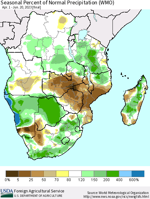 Southern Africa Seasonal Percent of Normal Precipitation (WMO) Thematic Map For 4/1/2023 - 6/20/2023