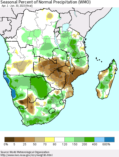 Southern Africa Seasonal Percent of Normal Precipitation (WMO) Thematic Map For 4/1/2023 - 6/30/2023
