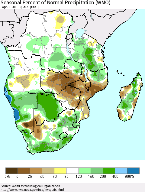 Southern Africa Seasonal Percent of Normal Precipitation (WMO) Thematic Map For 4/1/2023 - 7/10/2023