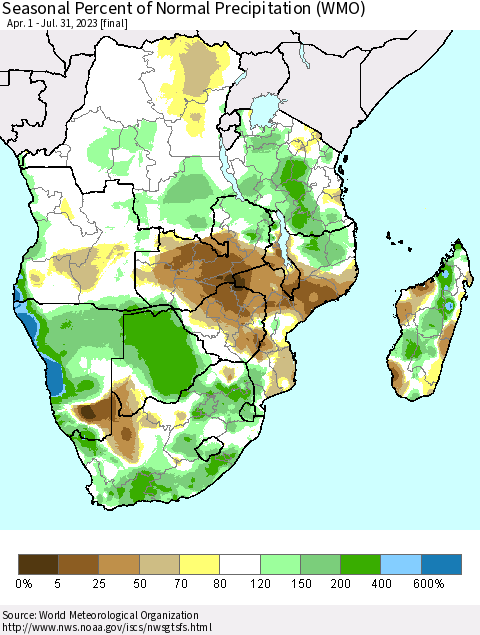 Southern Africa Seasonal Percent of Normal Precipitation (WMO) Thematic Map For 4/1/2023 - 7/31/2023