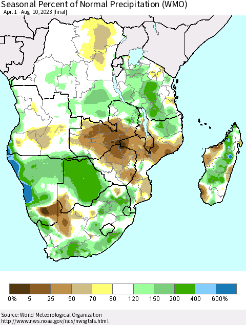 Southern Africa Seasonal Percent of Normal Precipitation (WMO) Thematic Map For 4/1/2023 - 8/10/2023