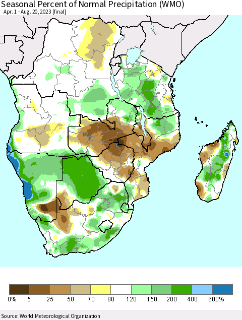Southern Africa Seasonal Percent of Normal Precipitation (WMO) Thematic Map For 4/1/2023 - 8/20/2023