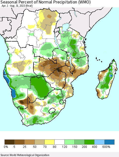 Southern Africa Seasonal Percent of Normal Precipitation (WMO) Thematic Map For 4/1/2023 - 8/31/2023