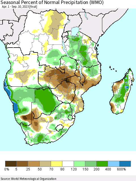 Southern Africa Seasonal Percent of Normal Precipitation (WMO) Thematic Map For 4/1/2023 - 9/10/2023