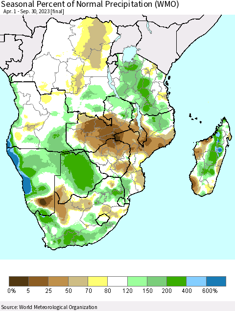 Southern Africa Seasonal Percent of Normal Precipitation (WMO) Thematic Map For 4/1/2023 - 9/30/2023
