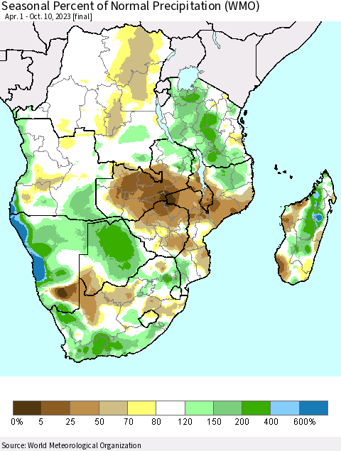 Southern Africa Seasonal Percent of Normal Precipitation (WMO) Thematic Map For 4/1/2023 - 10/10/2023
