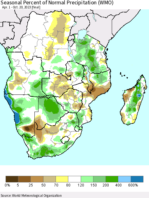 Southern Africa Seasonal Percent of Normal Precipitation (WMO) Thematic Map For 4/1/2023 - 10/20/2023