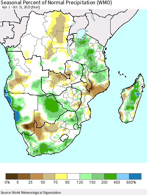 Southern Africa Seasonal Percent of Normal Precipitation (WMO) Thematic Map For 4/1/2023 - 10/31/2023