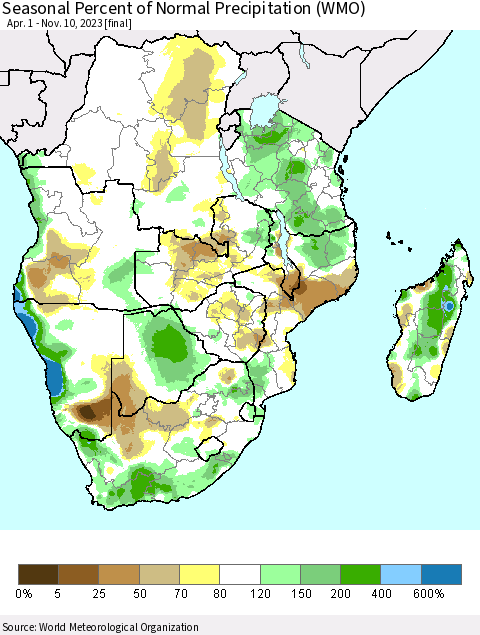 Southern Africa Seasonal Percent of Normal Precipitation (WMO) Thematic Map For 4/1/2023 - 11/10/2023
