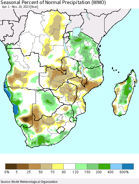 Southern Africa Seasonal Percent of Normal Precipitation (WMO) Thematic Map For 4/1/2023 - 11/20/2023