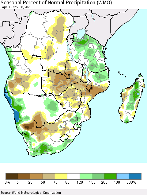 Southern Africa Seasonal Percent of Normal Precipitation (WMO) Thematic Map For 4/1/2023 - 11/30/2023