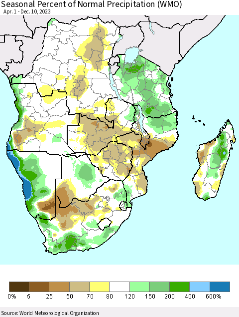 Southern Africa Seasonal Percent of Normal Precipitation (WMO) Thematic Map For 4/1/2023 - 12/10/2023
