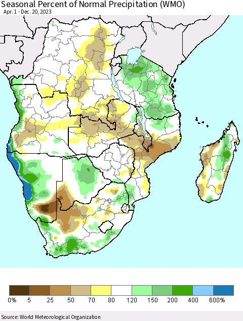 Southern Africa Seasonal Percent of Normal Precipitation (WMO) Thematic Map For 4/1/2023 - 12/20/2023