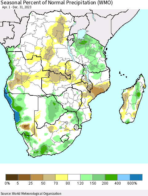 Southern Africa Seasonal Percent of Normal Precipitation (WMO) Thematic Map For 4/1/2023 - 12/31/2023