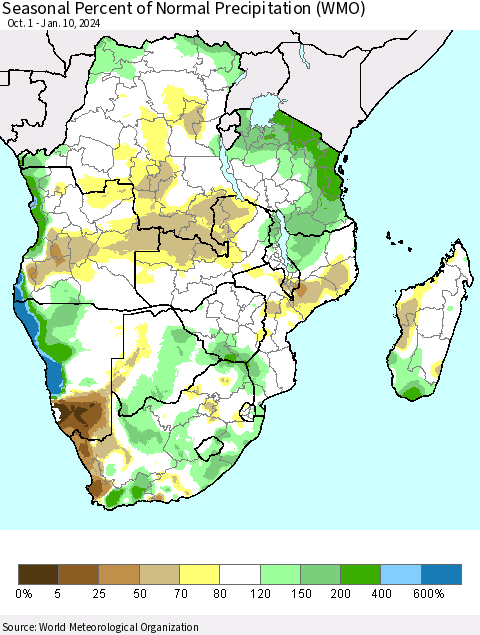 Southern Africa Seasonal Percent of Normal Precipitation (WMO) Thematic Map For 10/1/2023 - 1/10/2024