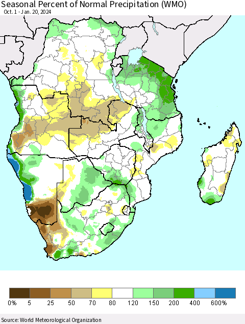 Southern Africa Seasonal Percent of Normal Precipitation (WMO) Thematic Map For 10/1/2023 - 1/20/2024