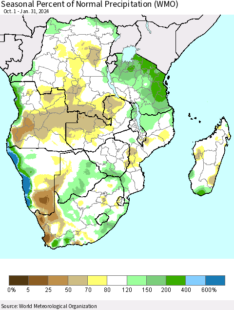 Southern Africa Seasonal Percent of Normal Precipitation (WMO) Thematic Map For 10/1/2023 - 1/31/2024