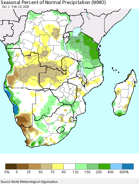 Southern Africa Seasonal Percent of Normal Precipitation (WMO) Thematic Map For 10/1/2023 - 2/10/2024