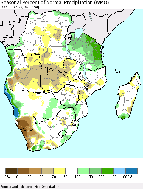 Southern Africa Seasonal Percent of Normal Precipitation (WMO) Thematic Map For 10/1/2023 - 2/20/2024