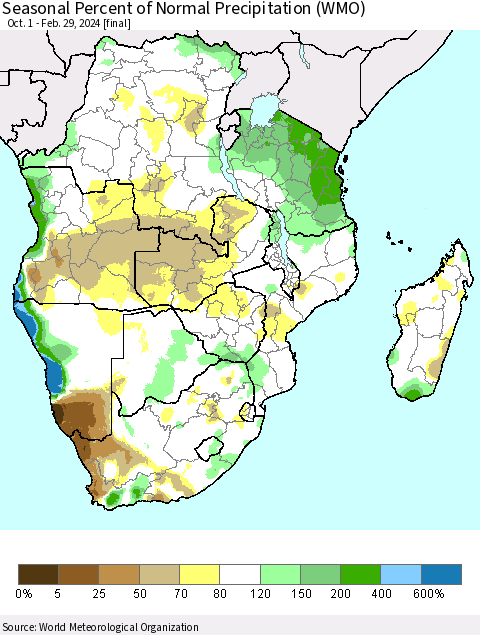 Southern Africa Seasonal Percent of Normal Precipitation (WMO) Thematic Map For 10/1/2023 - 2/29/2024