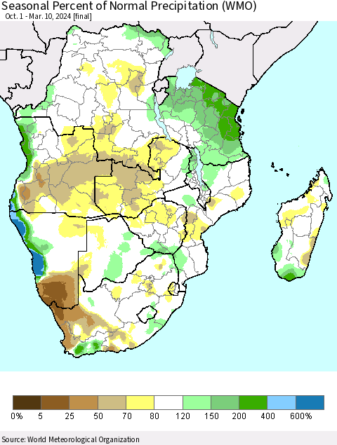 Southern Africa Seasonal Percent of Normal Precipitation (WMO) Thematic Map For 10/1/2023 - 3/10/2024
