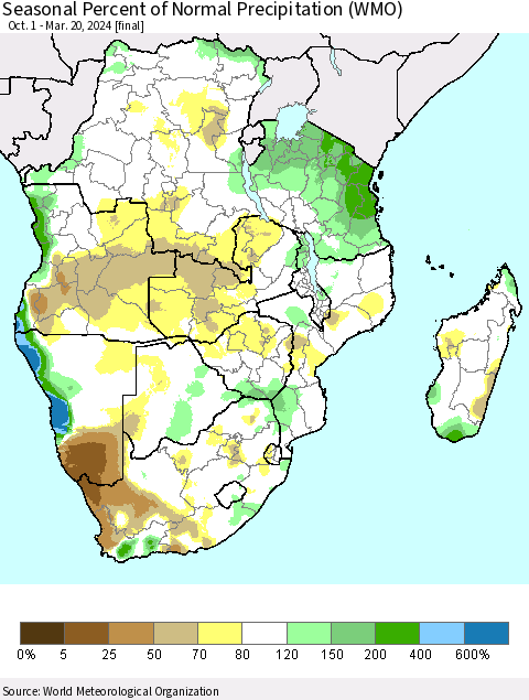 Southern Africa Seasonal Percent of Normal Precipitation (WMO) Thematic Map For 10/1/2023 - 3/20/2024