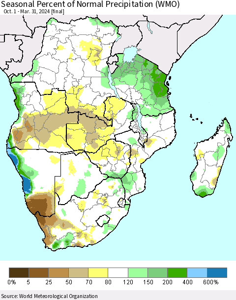 Southern Africa Seasonal Percent of Normal Precipitation (WMO) Thematic Map For 10/1/2023 - 3/31/2024