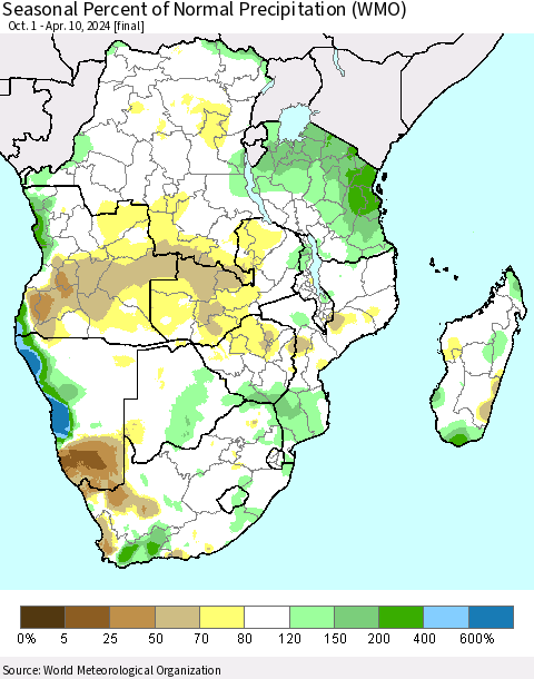 Southern Africa Seasonal Percent of Normal Precipitation (WMO) Thematic Map For 10/1/2023 - 4/10/2024