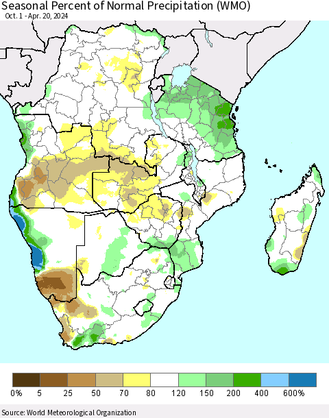 Southern Africa Seasonal Percent of Normal Precipitation (WMO) Thematic Map For 10/1/2023 - 4/20/2024