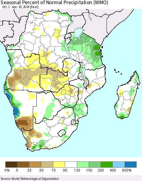 Southern Africa Seasonal Percent of Normal Precipitation (WMO) Thematic Map For 10/1/2023 - 4/30/2024