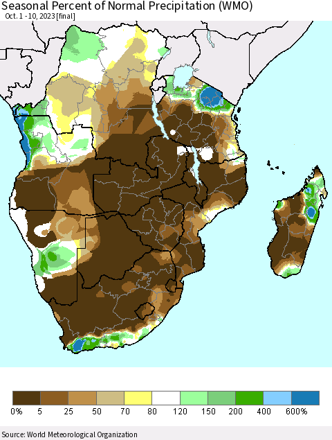 Southern Africa Seasonal Percent of Normal Precipitation (WMO) Thematic Map For 10/1/2023 - 10/10/2023