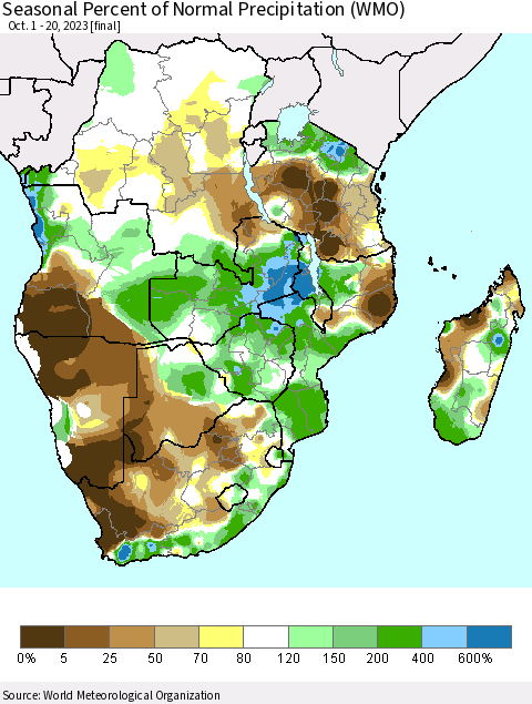 Southern Africa Seasonal Percent of Normal Precipitation (WMO) Thematic Map For 10/1/2023 - 10/20/2023