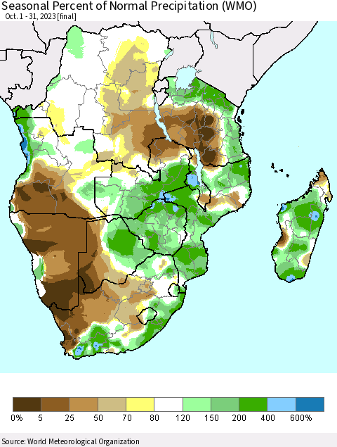 Southern Africa Seasonal Percent of Normal Precipitation (WMO) Thematic Map For 10/1/2023 - 10/31/2023