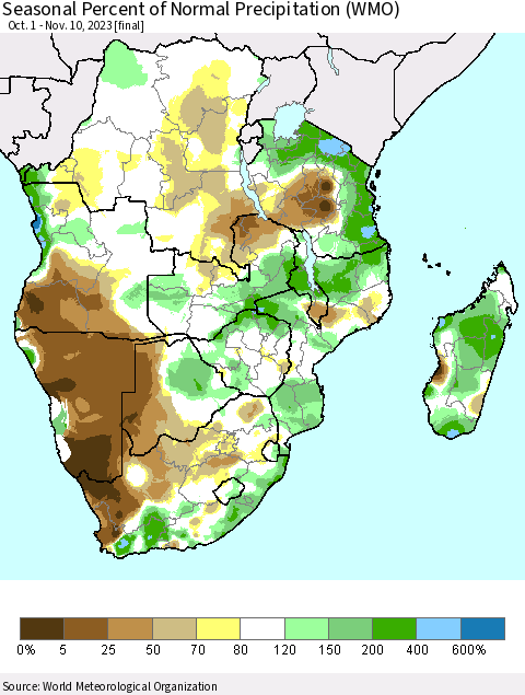 Southern Africa Seasonal Percent of Normal Precipitation (WMO) Thematic Map For 10/1/2023 - 11/10/2023