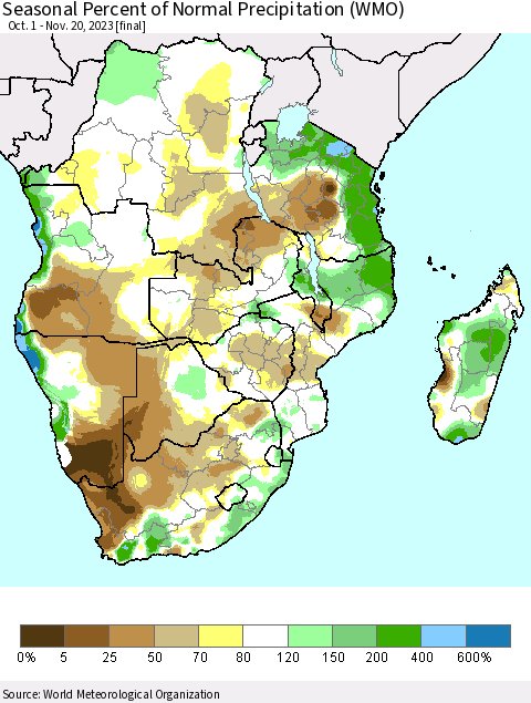 Southern Africa Seasonal Percent of Normal Precipitation (WMO) Thematic Map For 10/1/2023 - 11/20/2023